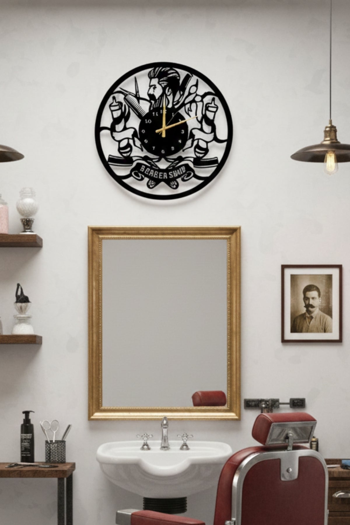 Berber Salonuna Özel Dekoratif Metal Duvar Saati – Barber Shop Tasarım