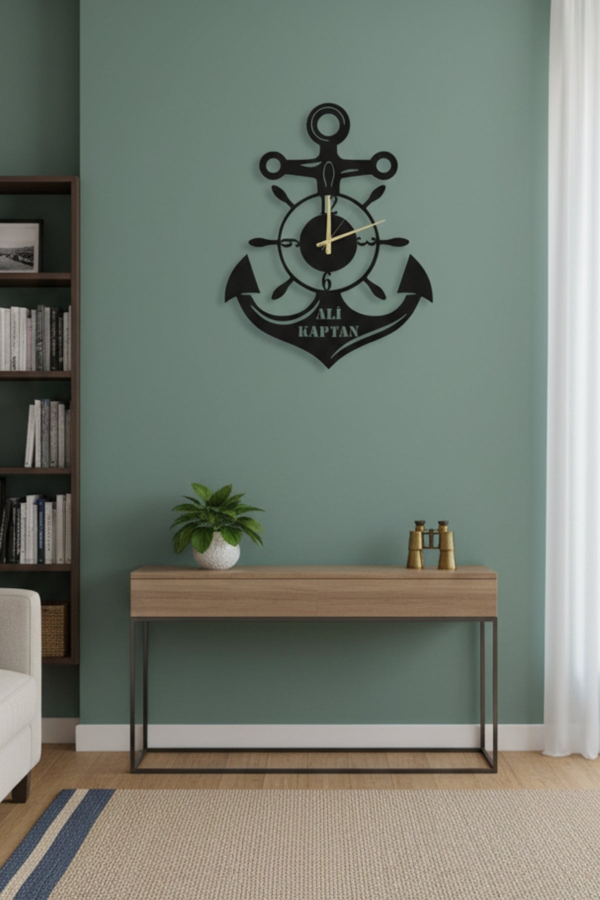 Kişiye Özel İsimli Çapa ve Dümen Tasarımlı Metal Duvar Saati