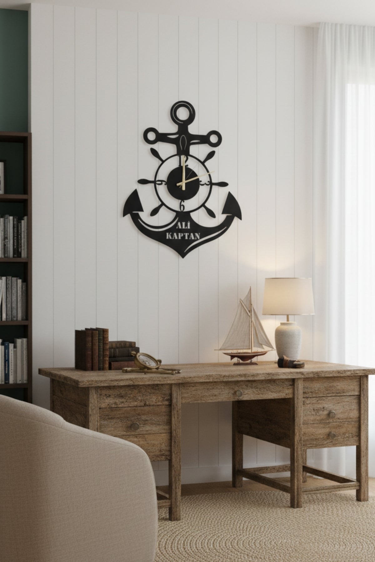 Kişiye Özel İsimli Çapa ve Dümen Tasarımlı Metal Duvar Saati