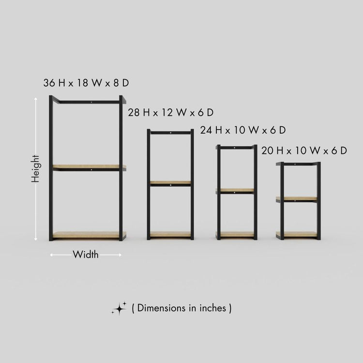 Comparison of four 2-tier bathroom shelf storage units with dimensions in inches: 36H x 18W x 8D, 28H x 12W x 6D, 24H x 10W x 6D, and 20H x 10W x 6D, displayed in a side-by-side view