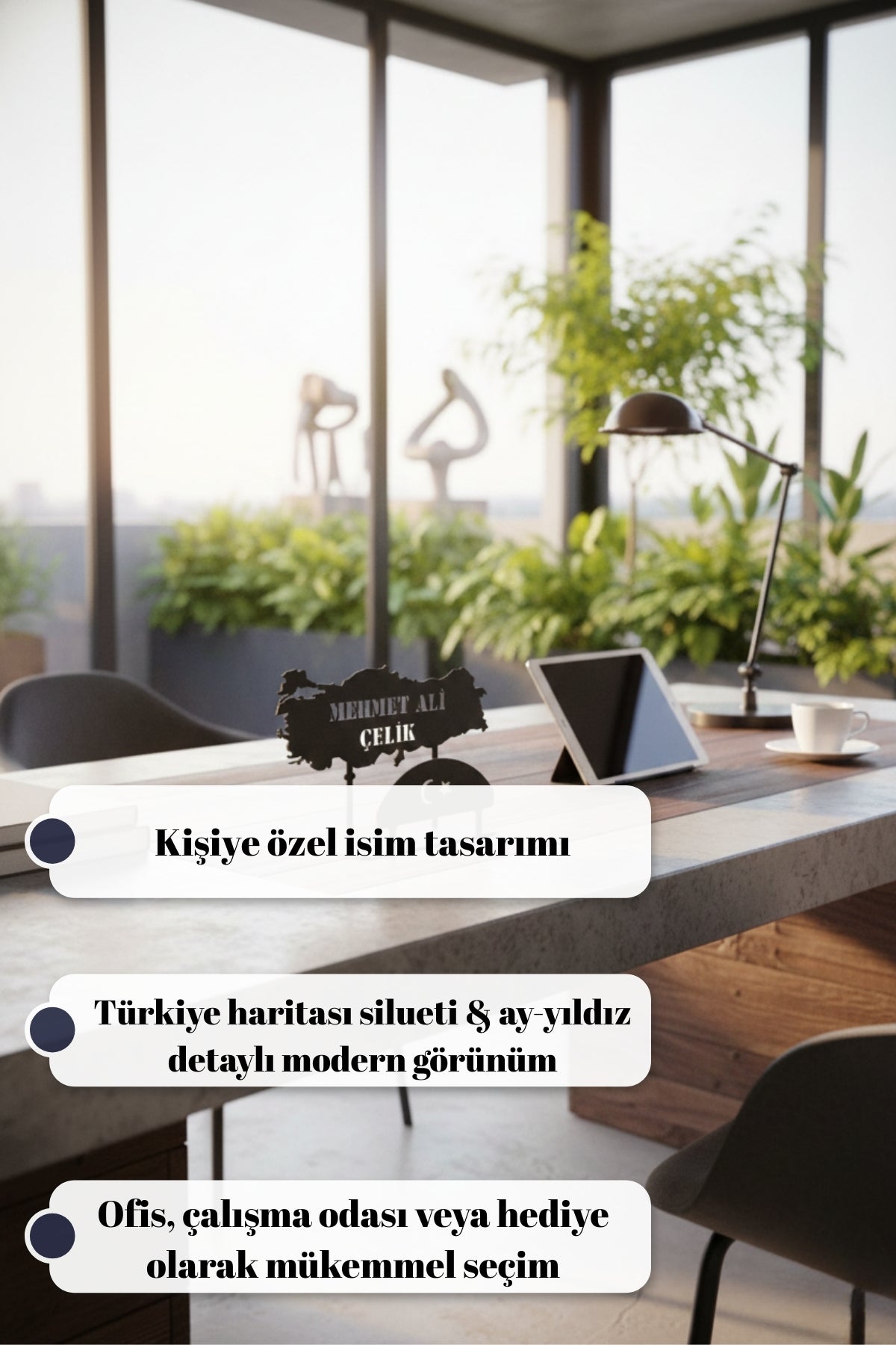 Kişiye Özel Ofis Dekoru Türkiye Haritası ve Bayrak Temalı Masa İsimliği