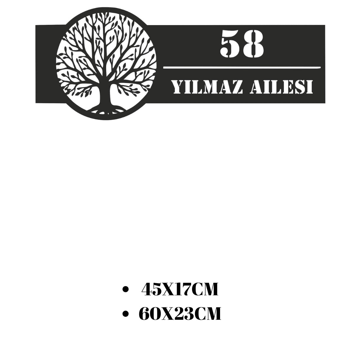 Hayat ağacı figürlü metal kapı numarası tabelası için sunulan 45x17 cm ve 60x23 cm ebat seçeneklerini içeren teknik ölçü görseli.
