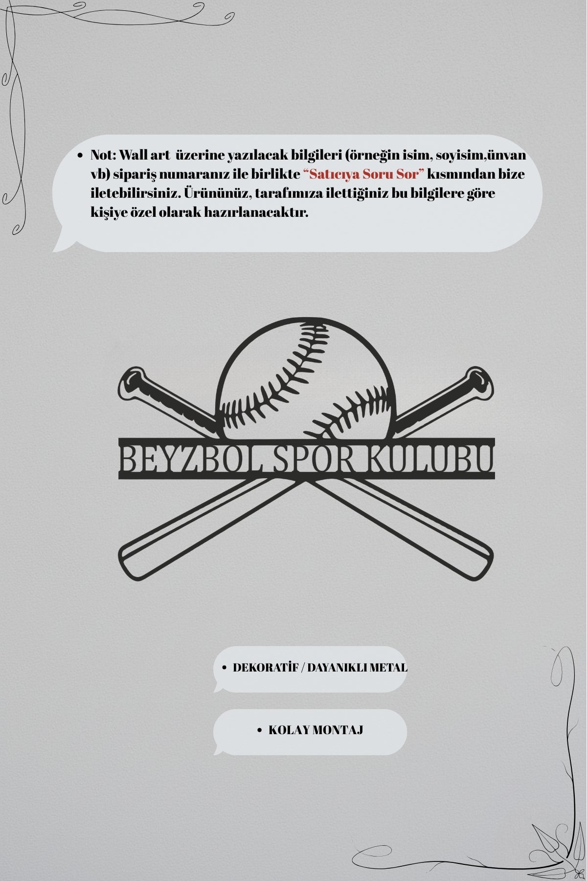 Beyzbol Temalı Kişiye Özel Metal Duvar Dekoru ve İsimlik