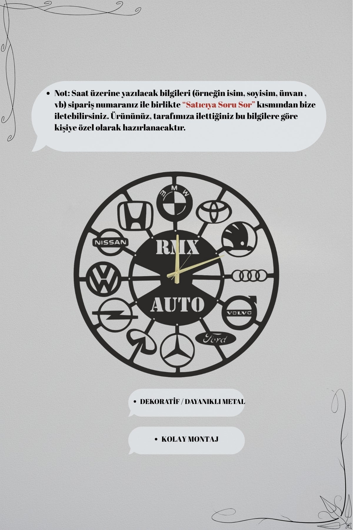 Kişiye Özel Lazer Kesim Metal Saat - Galeri ve Servis Duvar Süslemesi