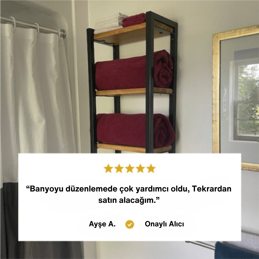 Müşteri yorumu ile birlikte banyo düzenleyici üç katlı ahşap ve metal raf sistem