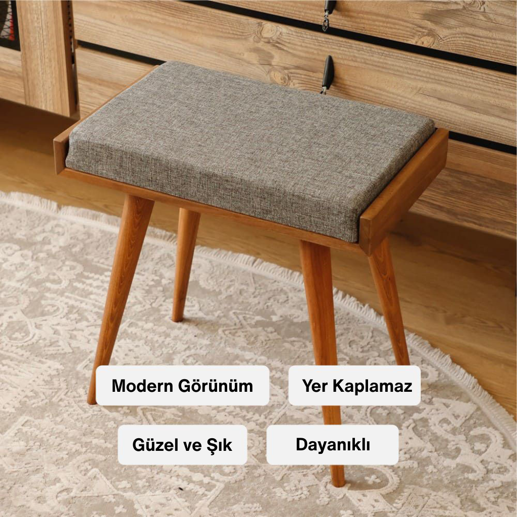Güzel ve şık, modern görünümlü ahşap ayaklı tabure/puf. Ürün dayanıklı yapısıyla yer kaplamayan pratik bir çözümdür.