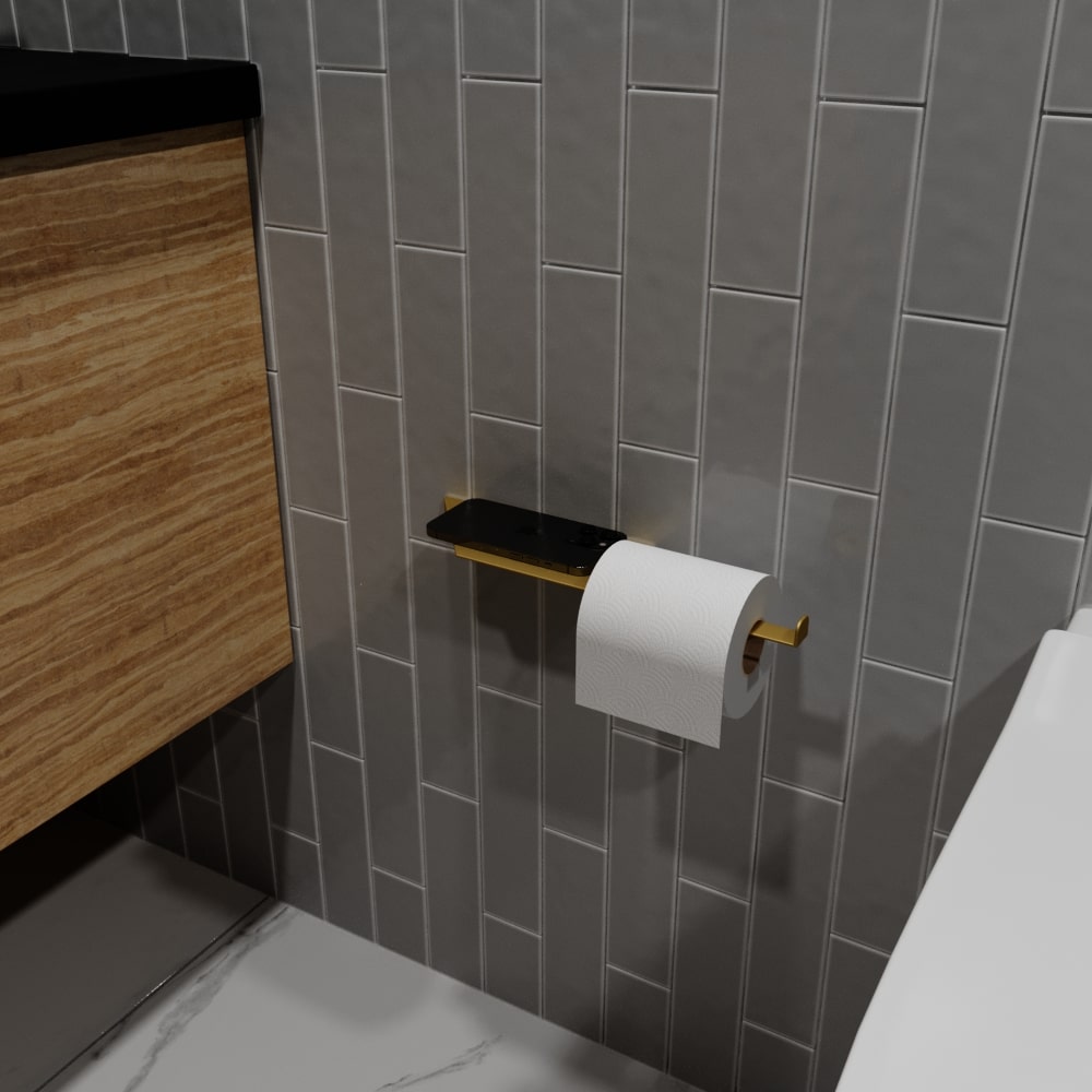 Fayanslı bir duvara monte edilmiş, siyah tezgah ve ahşap dolap içeren minimalist bir banyo, çok işlevli altın renkte bir raf ve tuvalet kağıdı tutucusuyla.