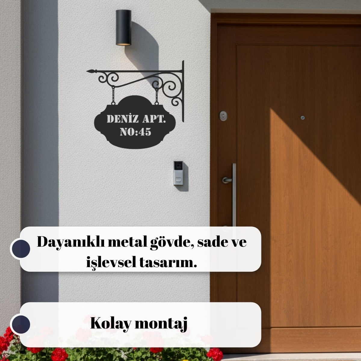 Apartman girişlerinde, site kapılarında veya bina duvarlarında nostaljik ve kurumsal bir görünüm sağlayan ferforje detaylı metal isimlik.
