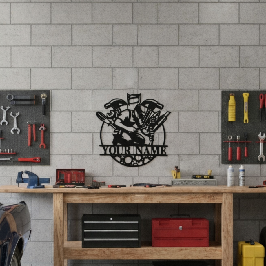 Atolye ve teknik isler icin ozel isim yazilabilir lazer kesim metal tablo.