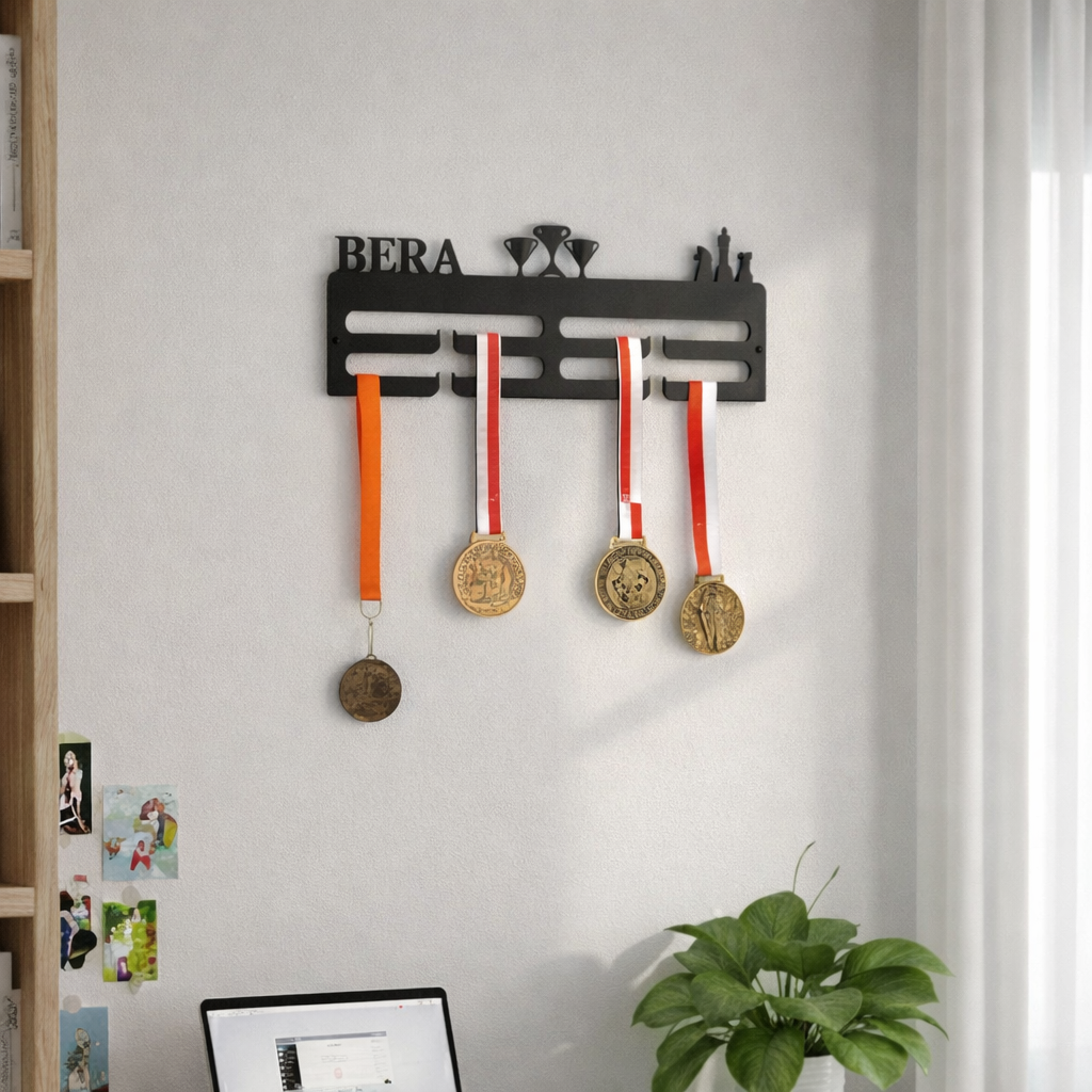 Uzun ömürlü metal malzemeden üretilen, isme özel satranç madalya ve ödül sergileme askılığı.
