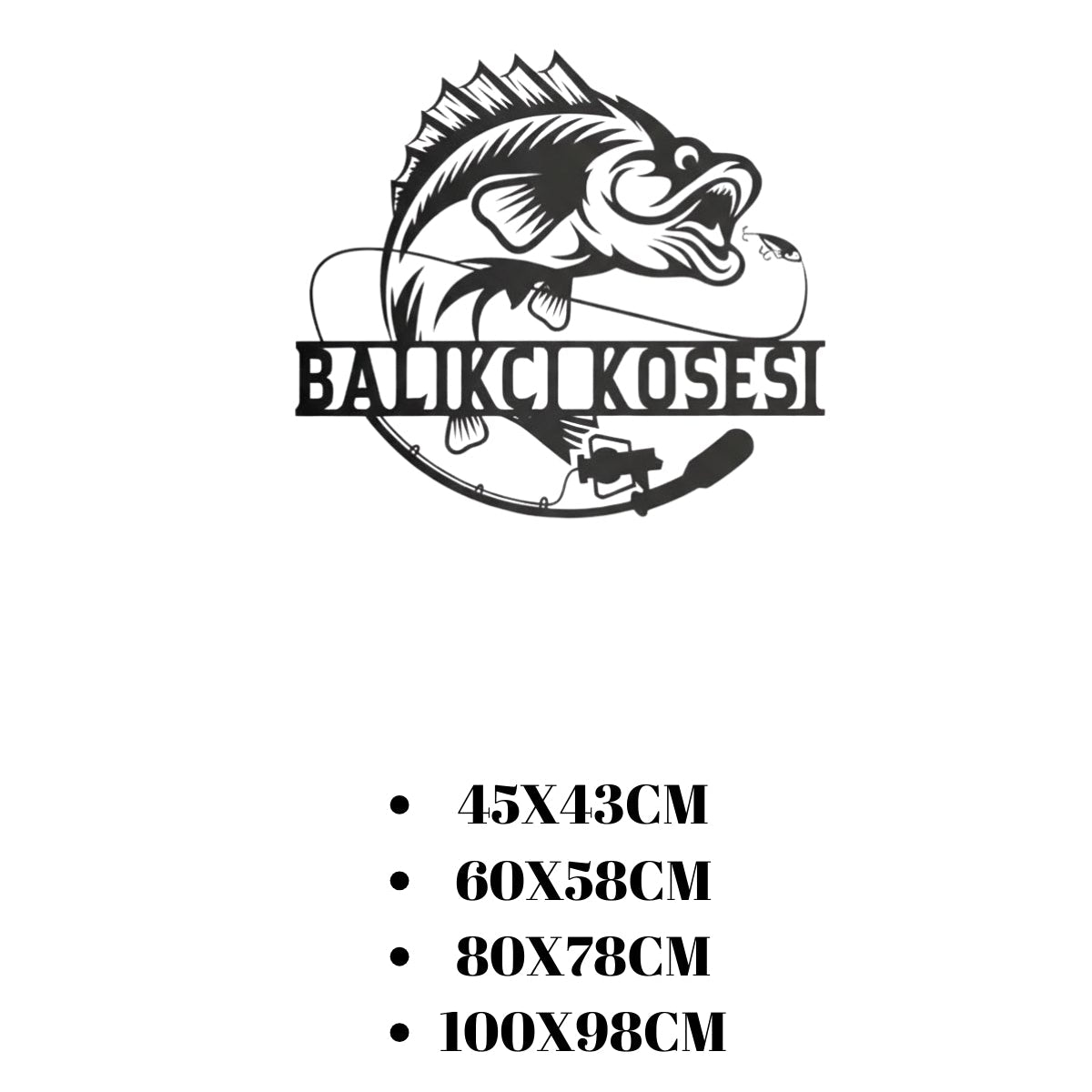 "Balıkçı Köşesi" yazılı metal duvar dekoru için sunulan 45x43 cm'den 100x98 cm'ye kadar olan dört farklı ebat seçeneğini gösteren ölçü tablosu.