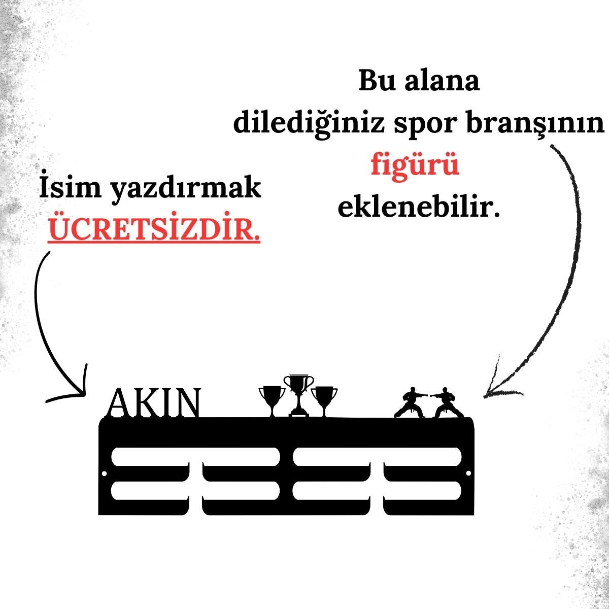 Ürün hakkında isim yazımı ve tasarım detayları için satıcıya soru sorabileceğinizi anlatan bilgilendirme görseli.