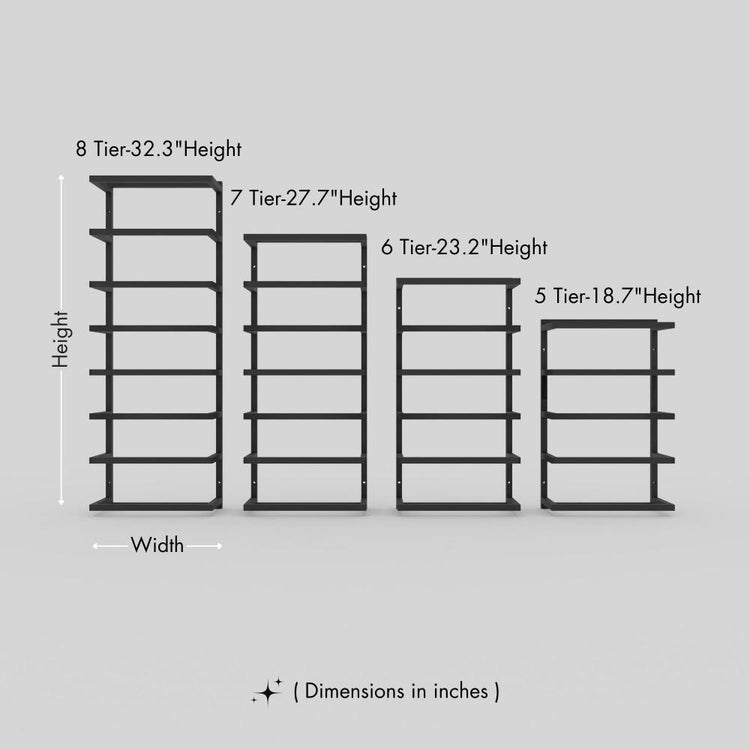 Diagram showing four different towel racks with 5, 6, 7, and 8 tiers, with heights labeled as 18.7 inches, 23.2 inches, 27.7 inches, and 32.3 inches respectively.