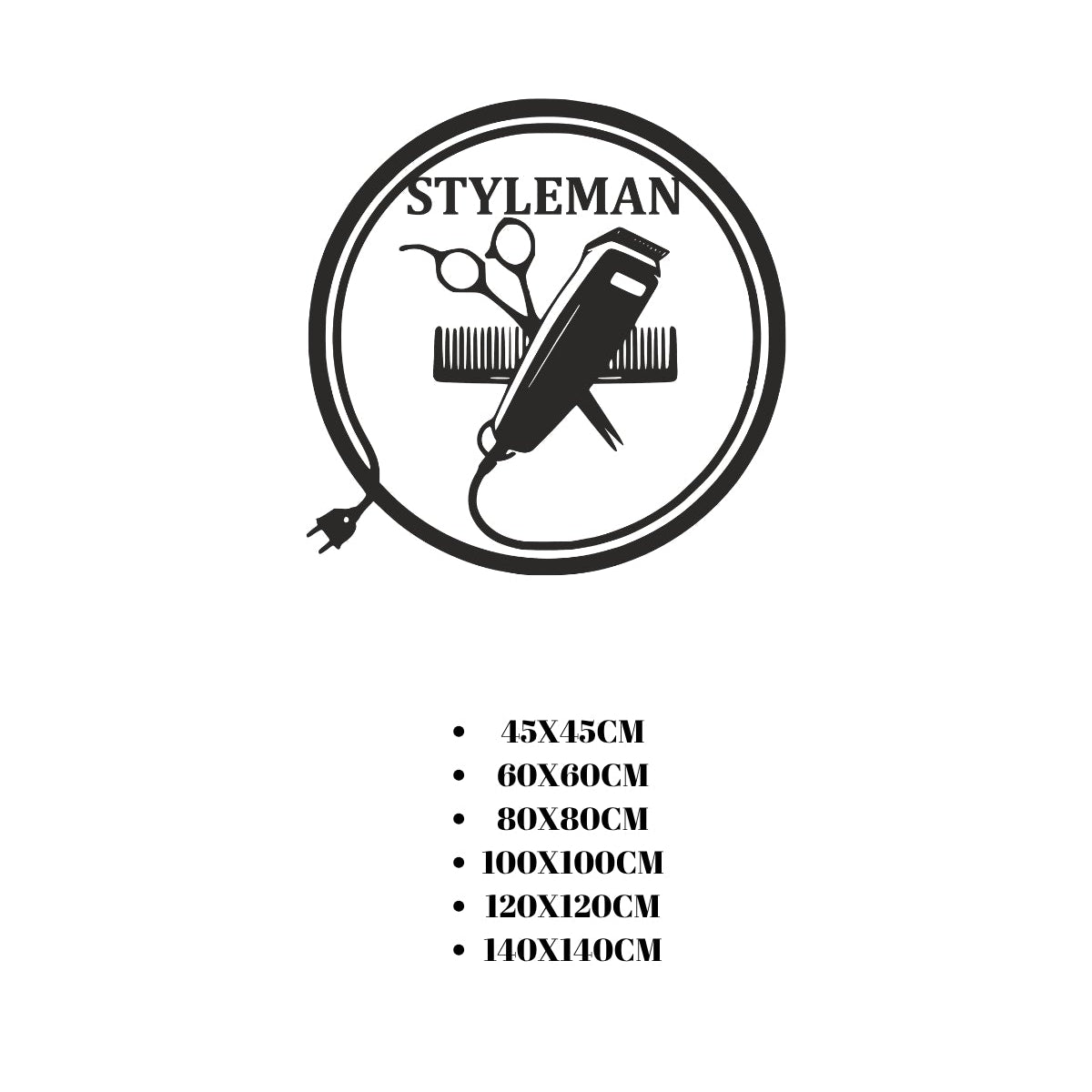 Dairesel çerçeve içinde tıraş makinesi ve makas figürlü metal berber tabelası için 45 cm'den 140 cm'ye kadar sunulan 6 farklı boyut seçeneğini gösteren ölçü tablosu.