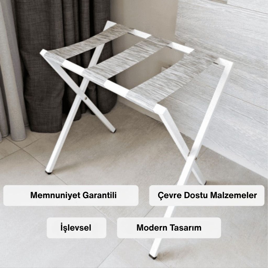 Katlanabilir beyaz valiz standı, çevre dostu malzemeden modern tasarım.