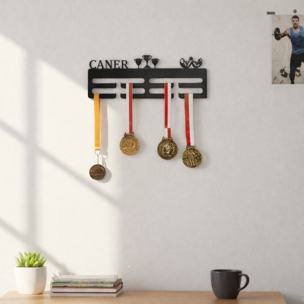 Bilek güreşi sporcularının kazandığı madalyaları sergilemek için tasarlanmış kişiye özel metal madalya askılığı kullanım görseli.