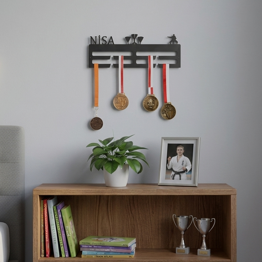 cretsiz isim yazdırma avantajıyla sunulan, farklı spor dallarına uygun metal madalya askılığı.