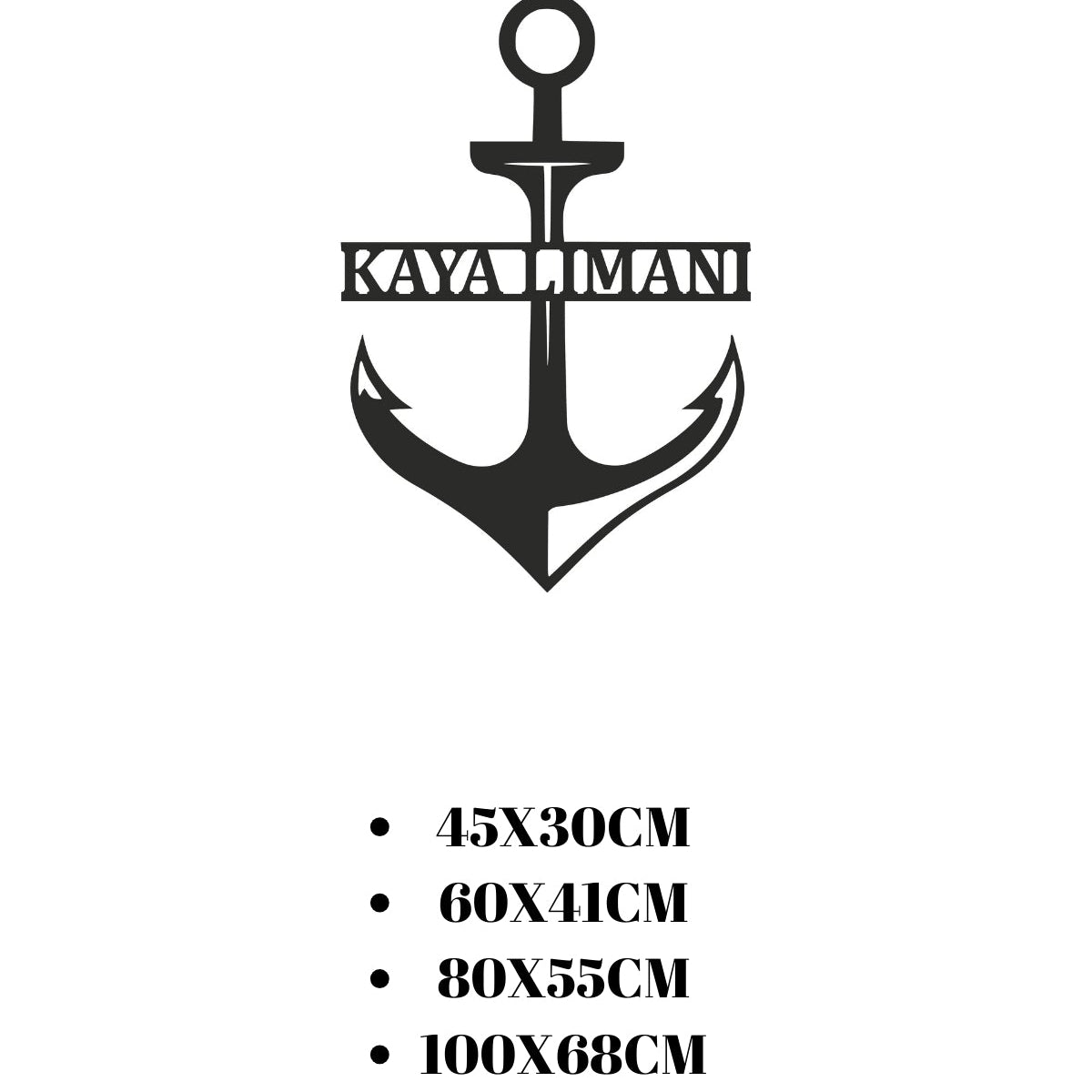 "Kaya Limanı" yazılı metal çapa duvar dekoru için sunulan 45x30 cm'den 100x68 cm'ye kadar olan dört farklı boyut seçeneğini gösteren ölçü tablosu.