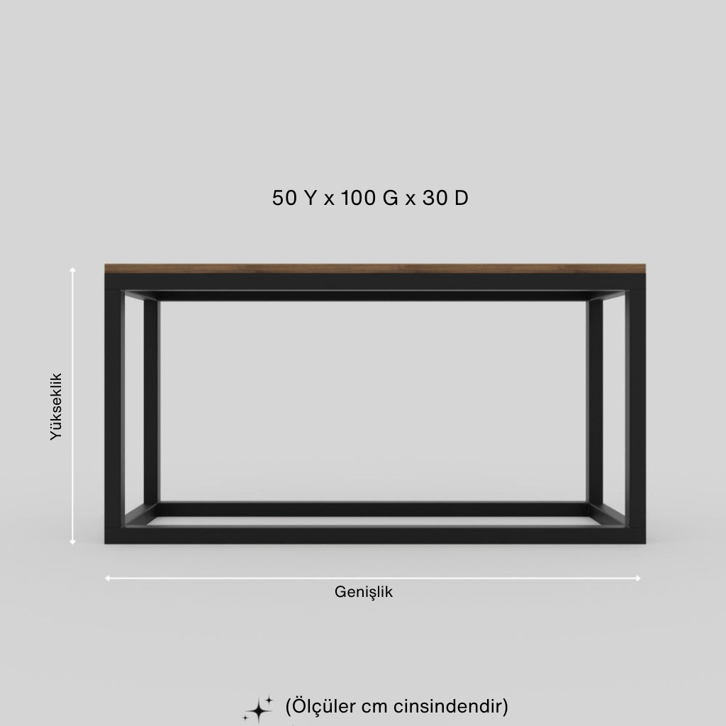 Üst kısmı ahşap görünümlü, dikdörtgen siyah metal sehpa/odunluk çerçevesinin ölçü çizimi. Cm cinsinden boyutları: 50 Yükseklik x 100 Genişlik x 30 Derinlik.
