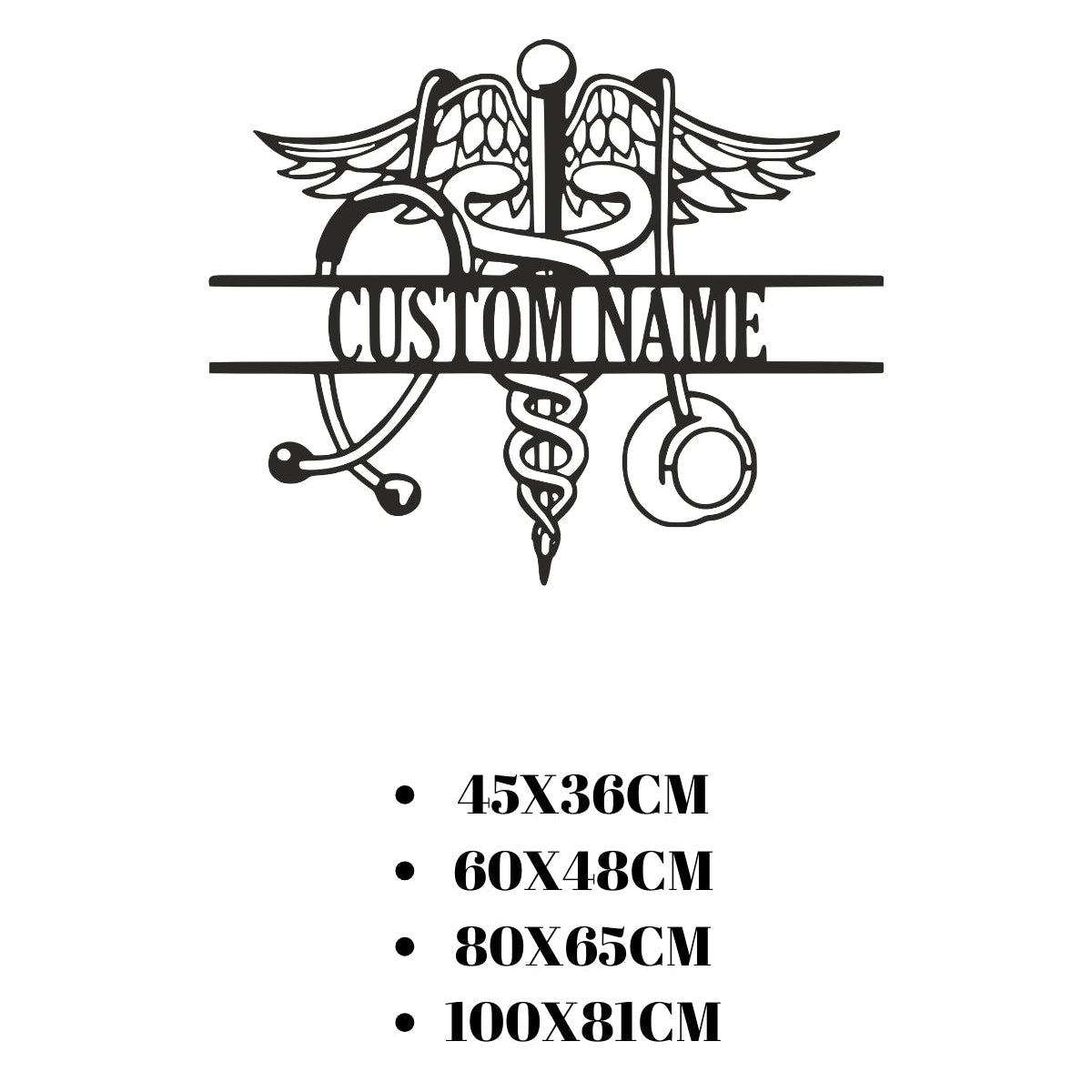 Tıp sembolü ve stetoskop figürlü metal duvar dekoru için sunulan 45x36 cm, 60x48 cm, 80x65 cm ve 100x81 cm ebat seçeneklerini gösteren ölçü tablosu.