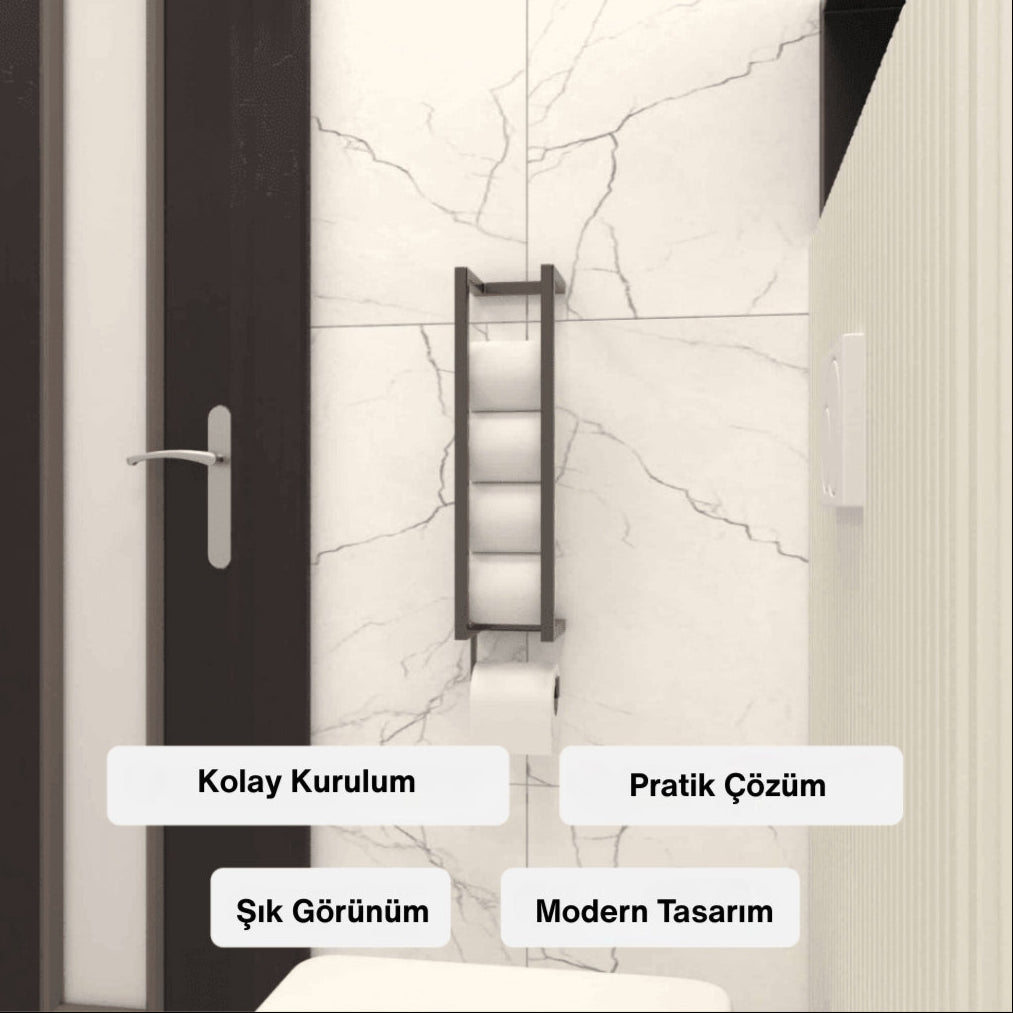 Modern banyoda duvara monte siyah metal tuvalet kağıdı rafı, kolay kurulum, pratik çözüm ve şık görünüm detaylarıyla