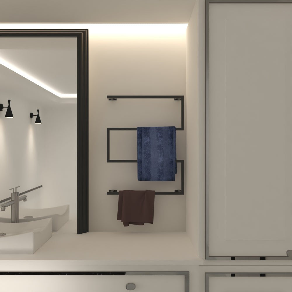 Yumuşak aydınlatma ve nötr dekorasyona sahip minimalist bir banyoda sergilenen, mavi ve kahverengi havluları tutan, modern dikdörtgen tasarımlı duvara monte siyah bir havluluk.