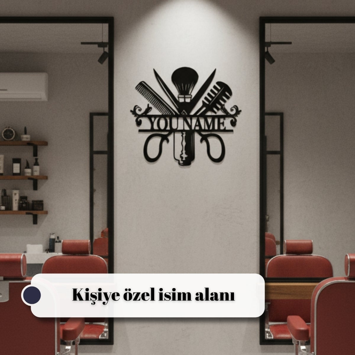 Berber salonlarının iç mekan tasarımına profesyonel ve şık bir görünüm katan lazer kesim metal dekorasyon levhası.