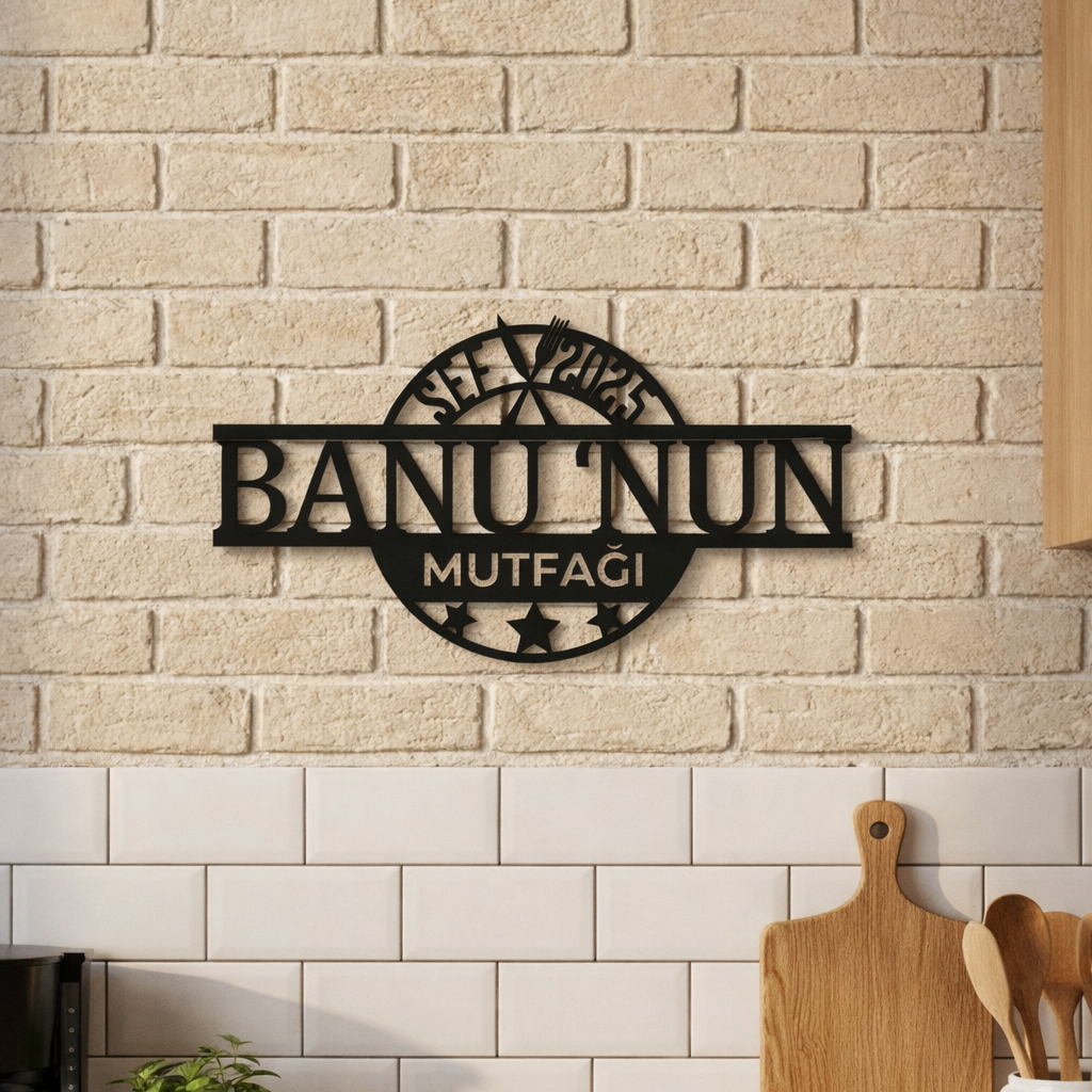 Şef detayları, kuruluş yılı ve yıldız motifleriyle zenginleştirilmiş, ince işçilikli lazer kesim siyah metal mutfak duvar levhası.