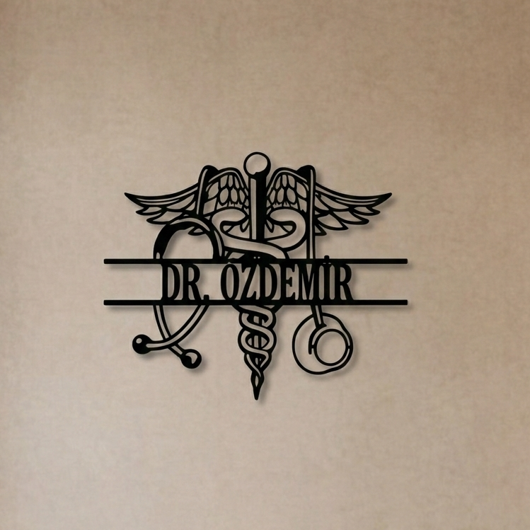 Tıp dünyasının ikonik sembollerini modern ve minimal bir çizgide birleştiren estetik görünümlü siyah metal duvar aksesuarı.