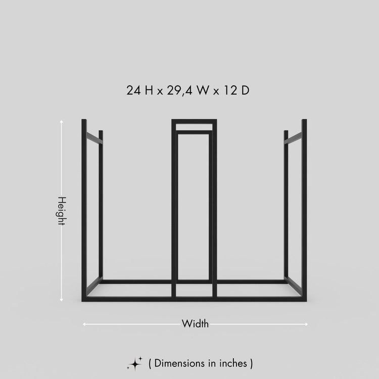 A black firewood holder displayed with dimensions of 18 inches in height, 38 inches in width, and 12 inches in depth