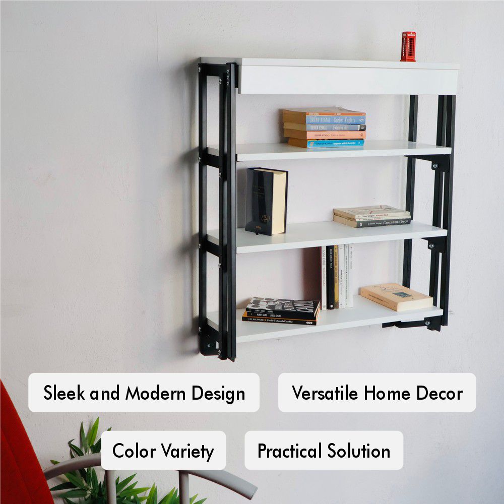 Close-up of the top shelf of a foldable wall-mounted table, showcasing a durable white tabletop and a sturdy black metal frame. Books are neatly arranged, emphasizing its practical design.