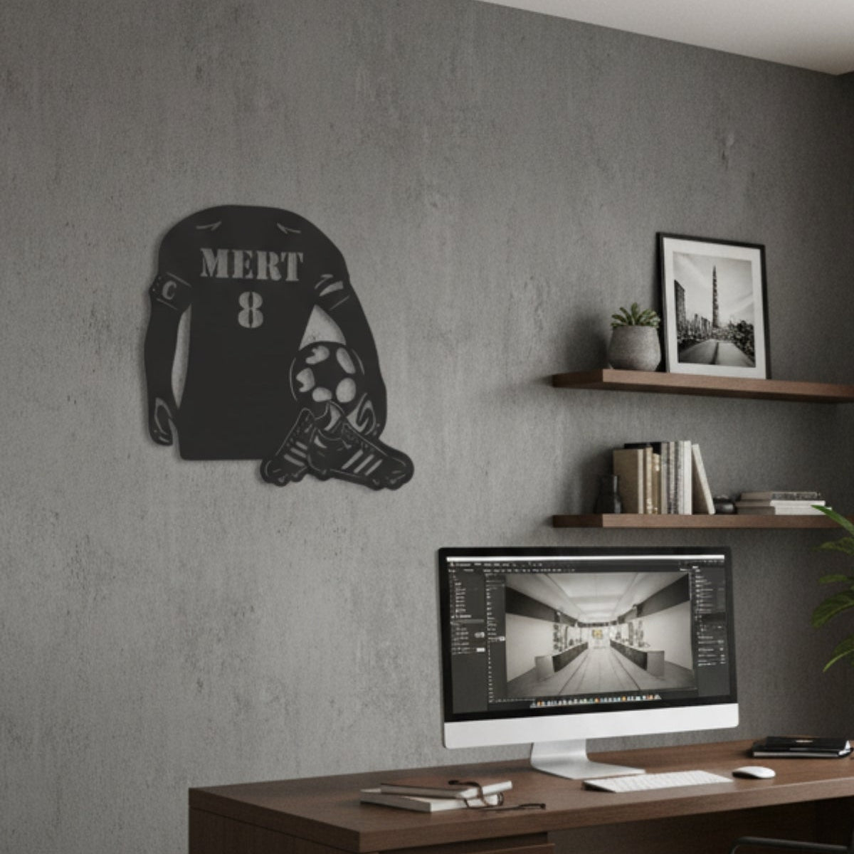 Futbolu seven çocuklar ve yetişkinler için isim ve favori numara yazılarak özelleştirilebilen anlamlı bir metal duvar sanatı hediyesi.