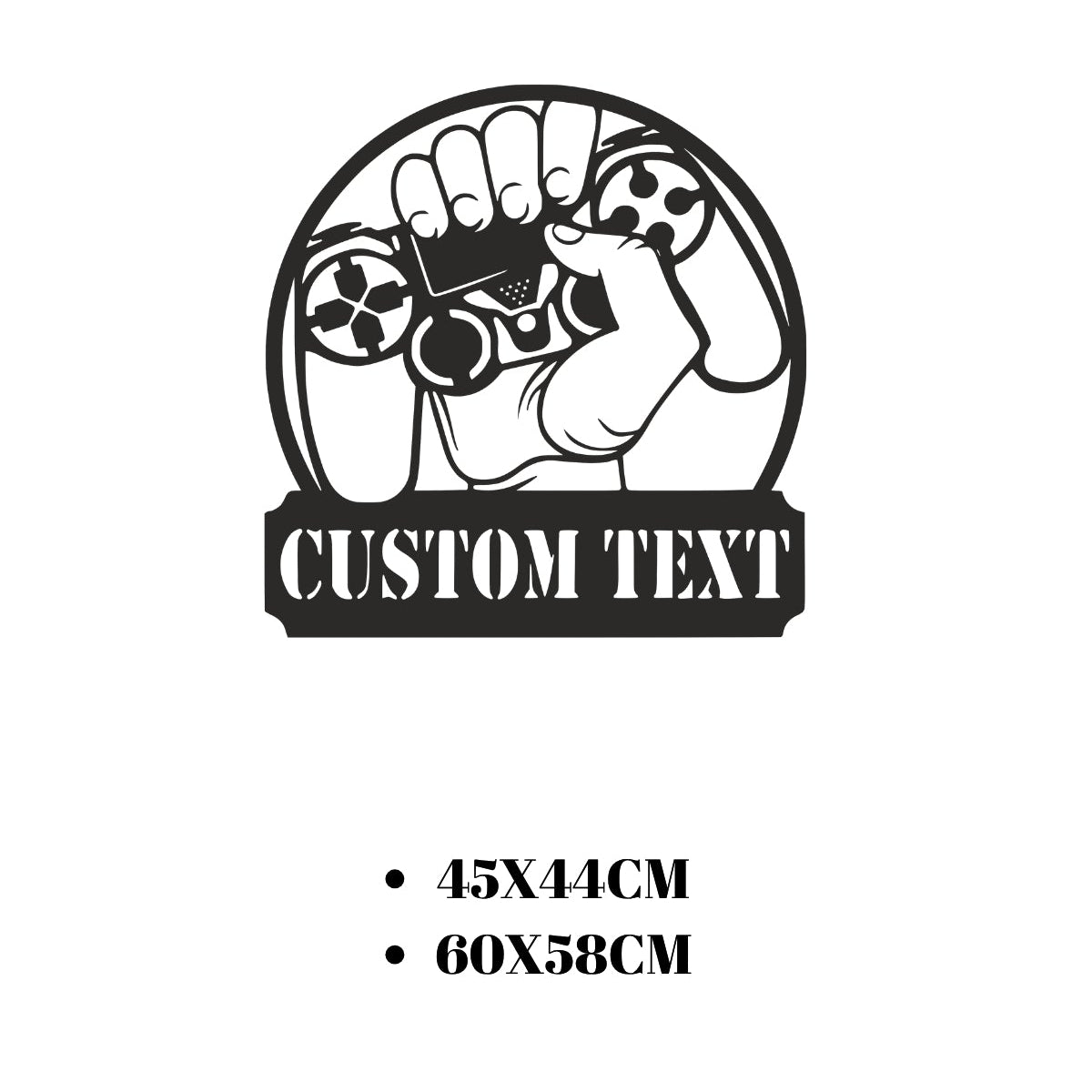 45x44 cm ve 60x58 cm boyut seçeneklerine sahip metal oyuncu duvar dekoru.