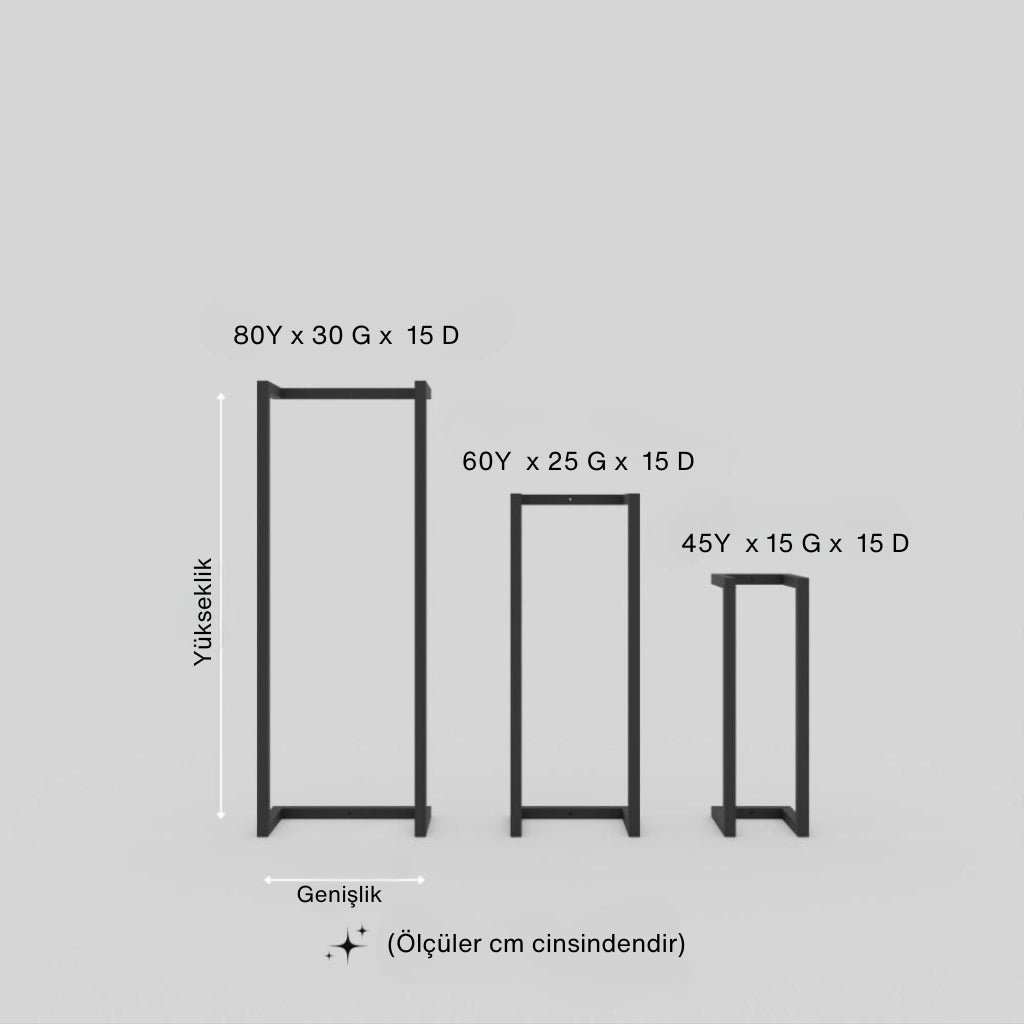 Üç farklı boyutta üretilen dikdörtgen metal havluluk modelleri yan yana dizilmiş şekilde gösterilmektedir. Ürünlerin ölçüleri cm cinsinden sırasıyla 80Y x 30G x 15D, 60Y x 25G x 15D ve 45Y x 15G x 15D olarak belirtilmiştir. Yükseklik ve genişlik yönleri oklarla