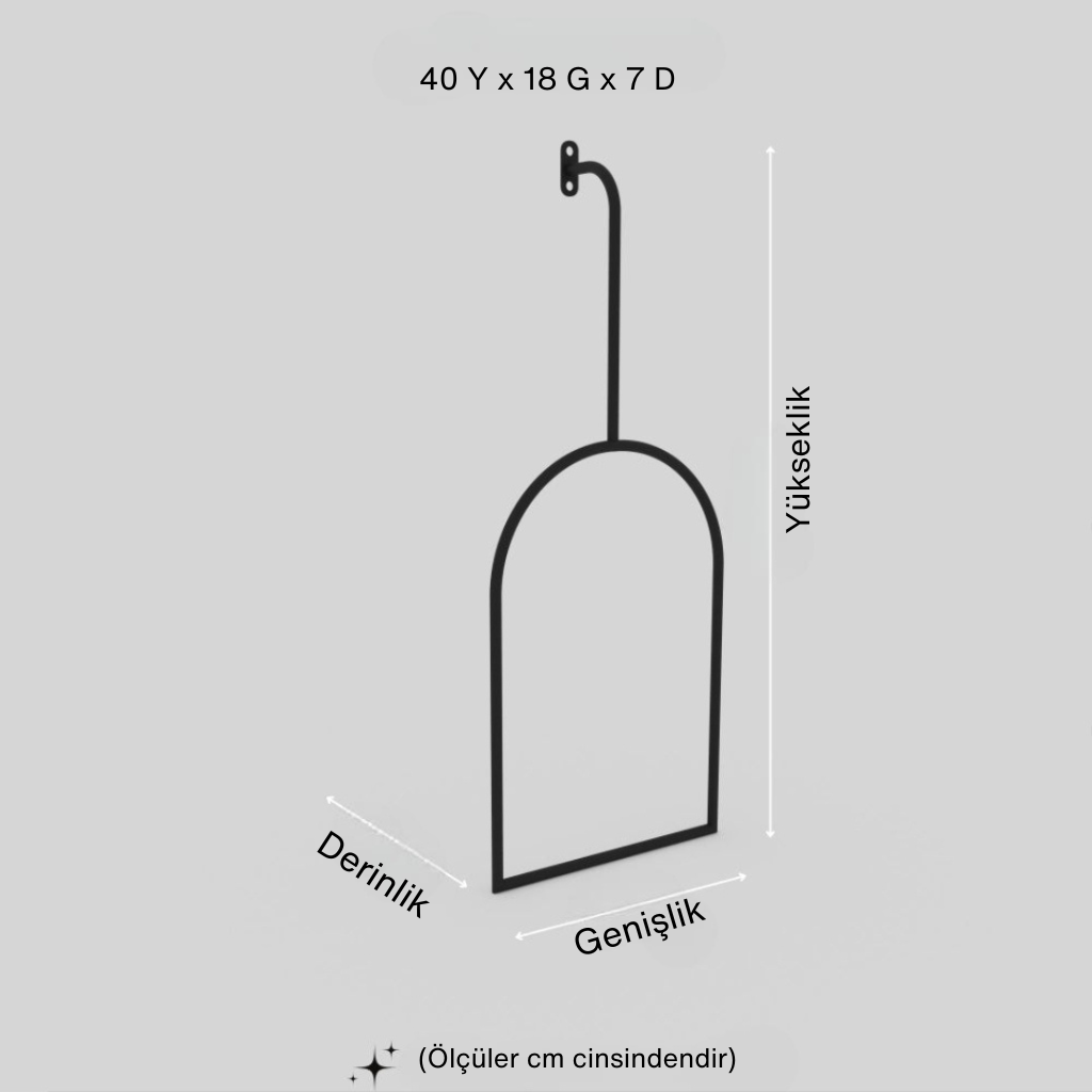 Siyah metal duvar askısı teknik çizimi, ölçüler cm cinsinden belirtilmiştir: 40 cm yükseklik, 18 cm genişlik, 7 cm derinlik.