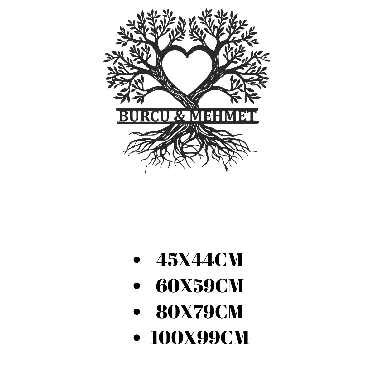 Kalp detaylı hayat ağacı metal duvar dekoru için sunulan 45x44 cm'den 100x99 cm'ye kadar olan dört farklı boyut seçeneğini gösteren ölçü tablosu.