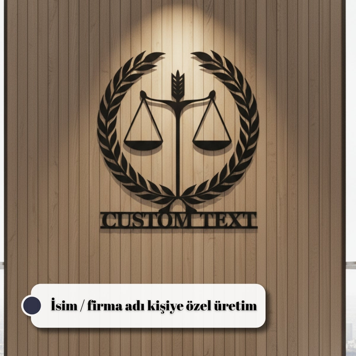 Yeni ofis açan avukatlar için şık bir hediye alternatifi olan defne yaprağı detaylı metal tablo tasarımı.