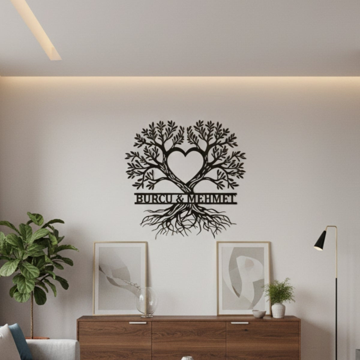 Hayatın köklü birliğini simgeleyen, ince lazer kesim detaylara sahip estetik siyah metal hayat ağacı duvar dekoru tasarımı.