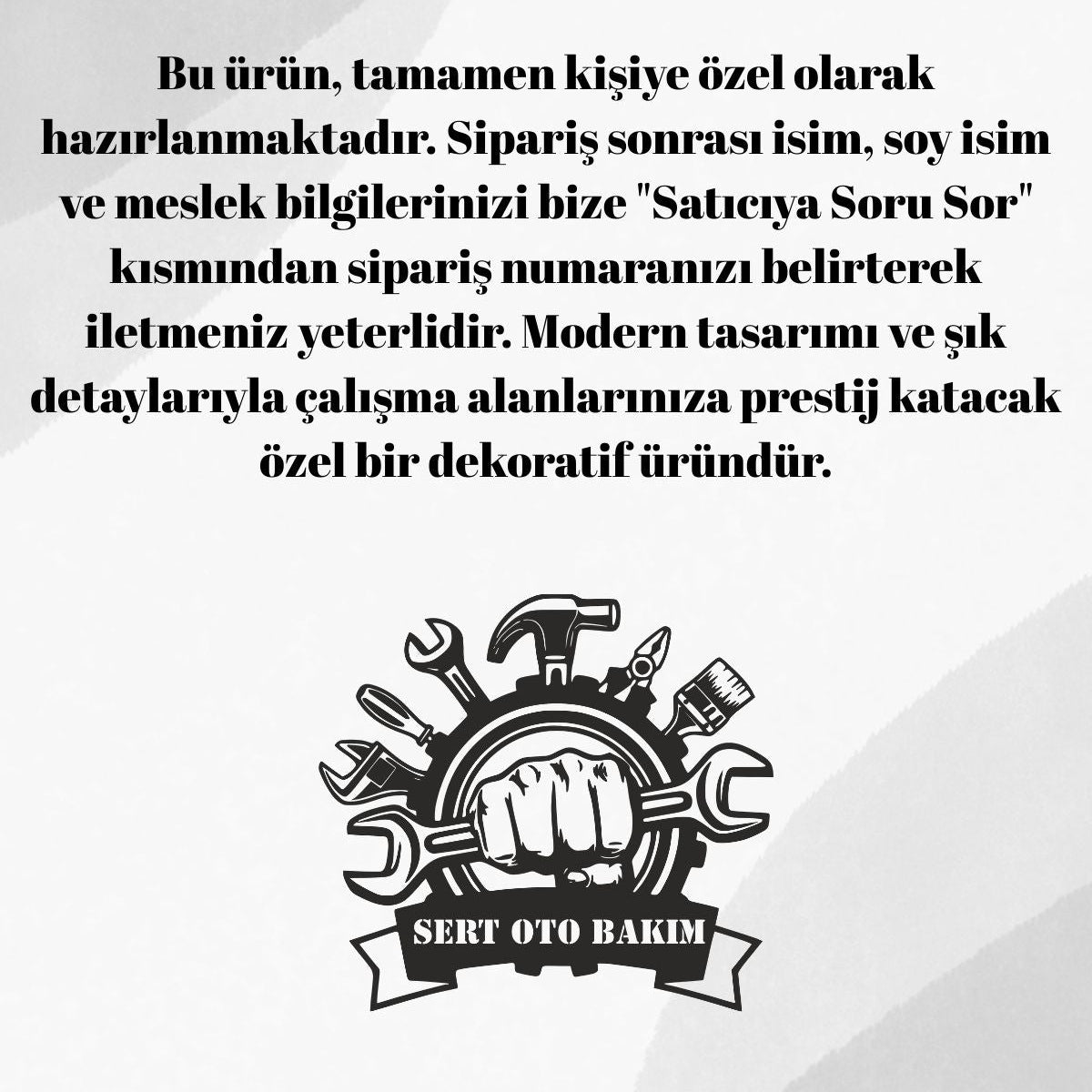Metal pano üzerindeki "NOVA HAIR" alanına yazılacak işletme isminin satıcıya soru sor kısmından iletilmesi gerektiğini belirten kişiye özel tasarım bilgi görseli.