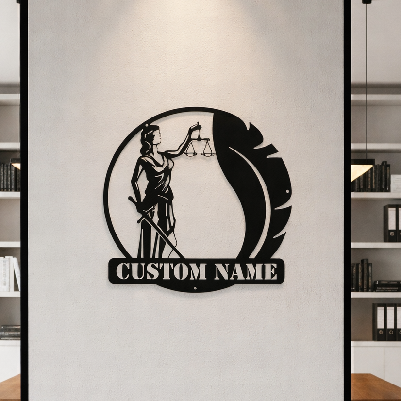 Alt kısmında isim veya unvan alanı bulunan lazer kesim siyah metal duvar dekorasyonu örneği.