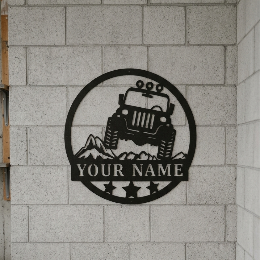 Arazi aracı ve dağ manzarası detaylarıyla tasarlanmış, kişiye özel isim eklenebilen metal duvar dekoru