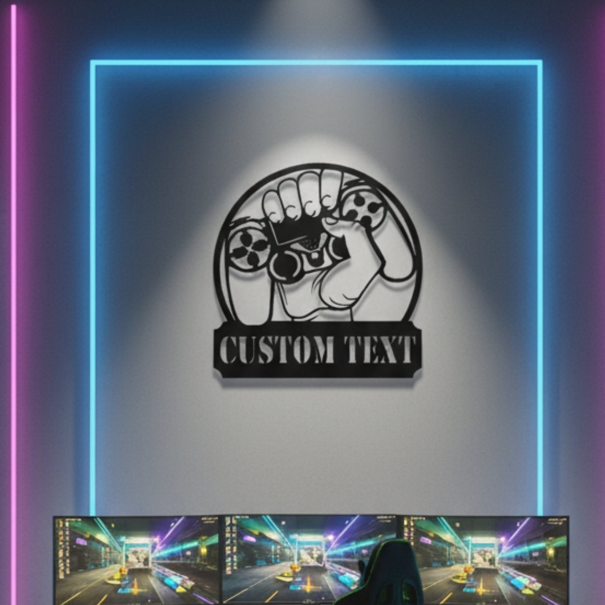 Oyun kolu ve özel metin alanlı dekoratif metal aksesuar.