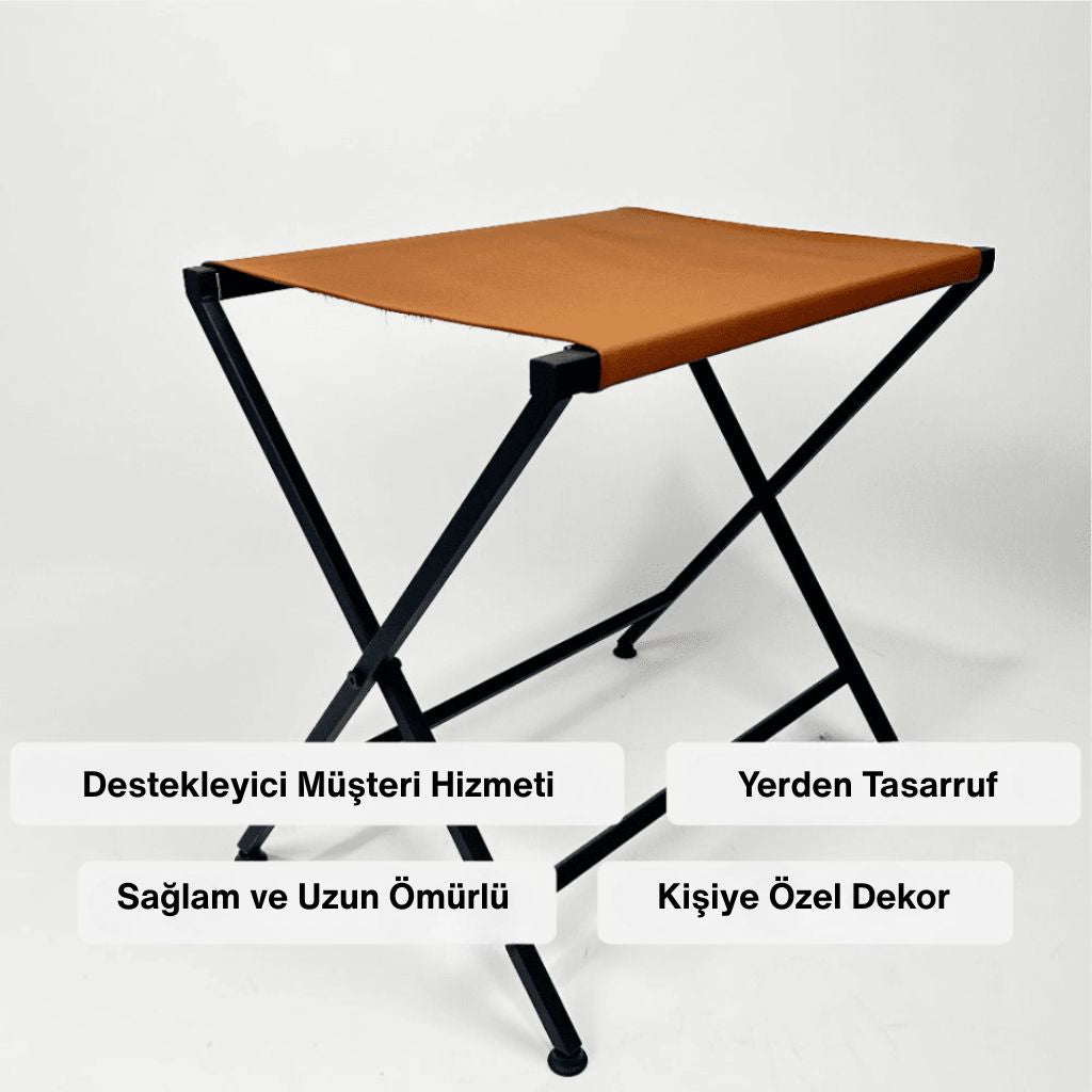 Katlanabilir metal bavul standı – sağlam çelik çerçeve ve deri üst yüzeyli modern tasarım – misafir odası için pratik çözümler sunar, yerden tasarruf sağlar.