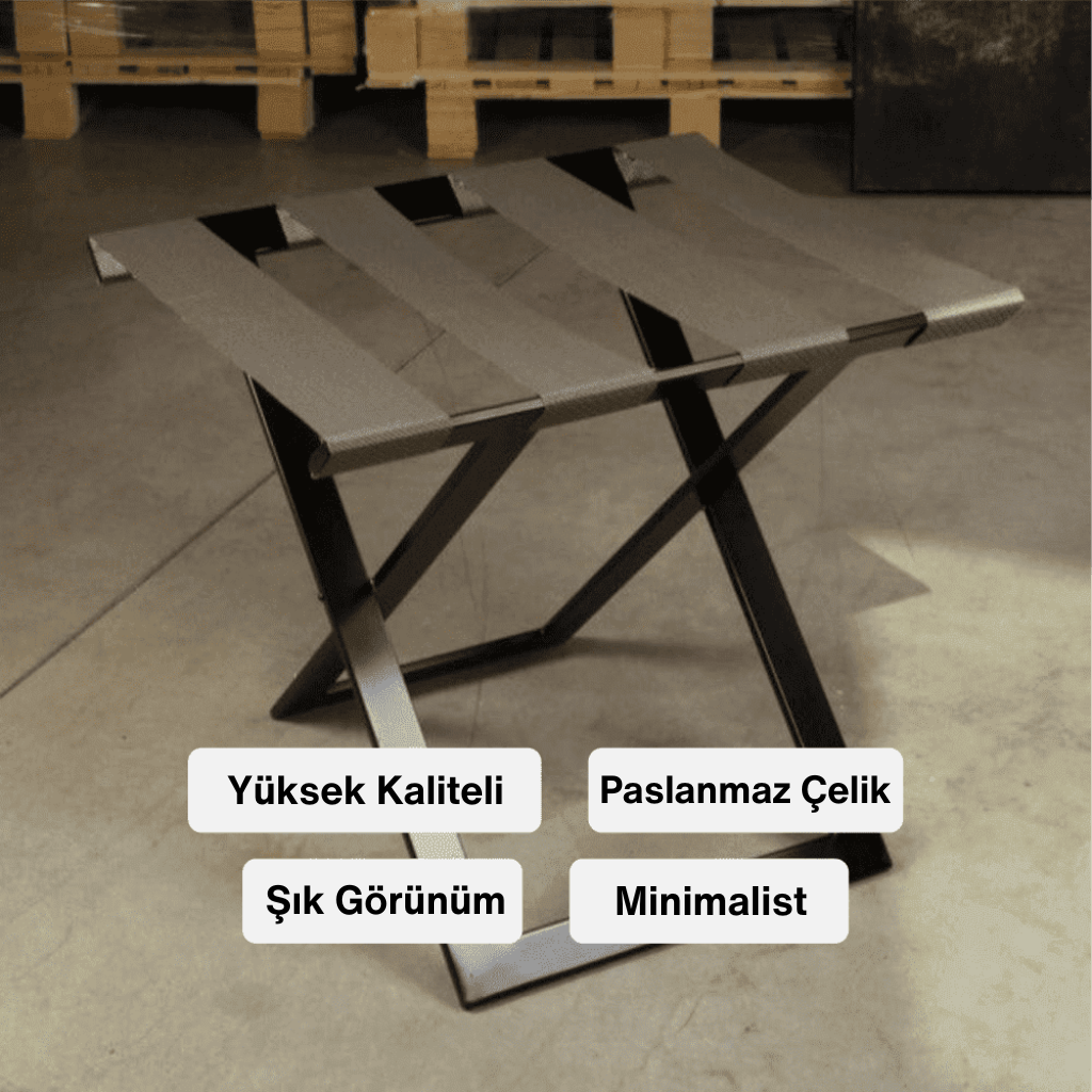 Yüksek kaliteli, minimalist ve şık görünümlü, paslanmaz çelikten üretilmiş gri renkli katlanabilir valizlik veya yan sehpa.