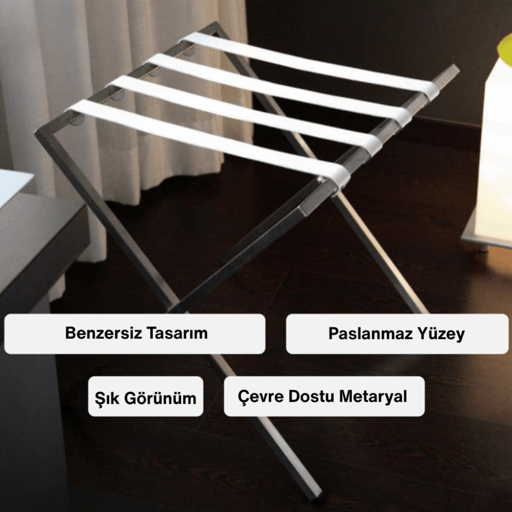Şık ve benzersiz tasarımlı, koyu gri metal ayaklı, paslanmaz yüzeyli ve çevre dostu materyalden üretilmiş katlanabilir valizlik veya yan sehpa.