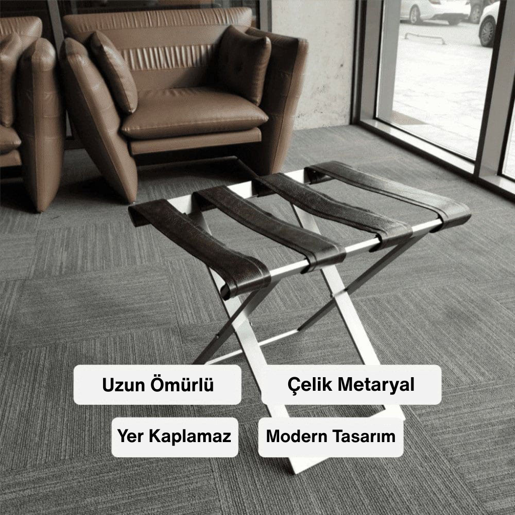 Modern tasarımlı, uzun ömürlü, çelik metaryalden üretilmiş ve yer kaplamayan katlanabilir krom/metal valizlik veya yan sehpa.
