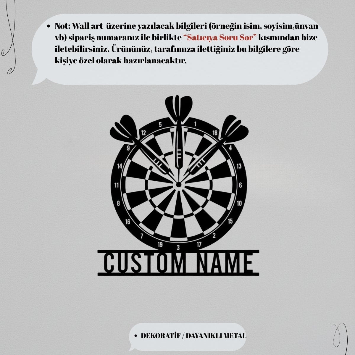 Tabelanın altındaki "Custom Name" alanına yazılacak isim bilgilerinin satıcıya soru sor kısmından iletilmesi gerektiğini belirten kişiye özel tasarım bilgi görseli.