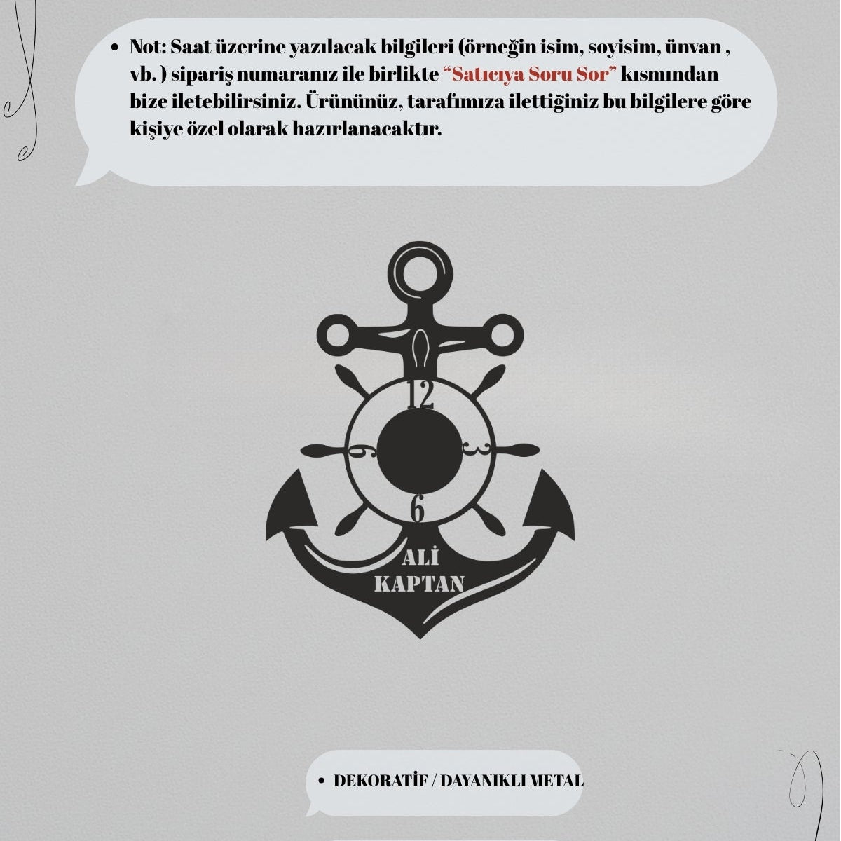 Saatin alt kısmına yazılacak isim veya kaptan unvanı gibi bilgilerin satıcıya soru sor kısmından iletilmesi gerektiğini açıklayan görsel.
