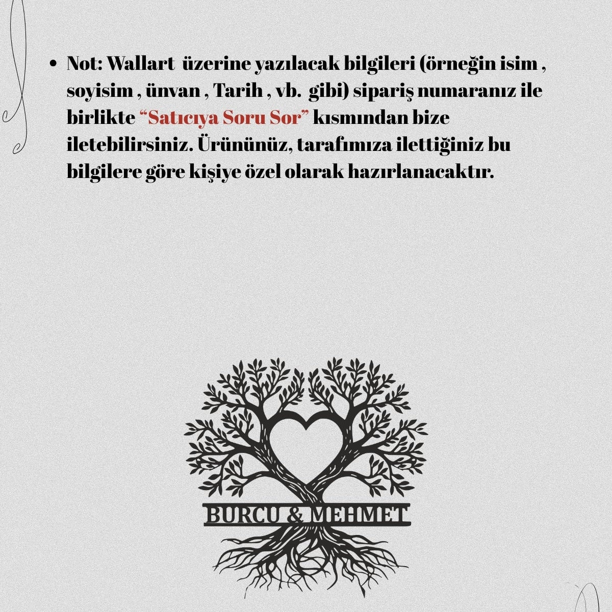 Ürün üzerine yazılacak çift isimlerinin satıcıya soru sor kısmından iletilmesi gerektiğini açıklayan kişiye özel tasarım bilgilendirme görseli.