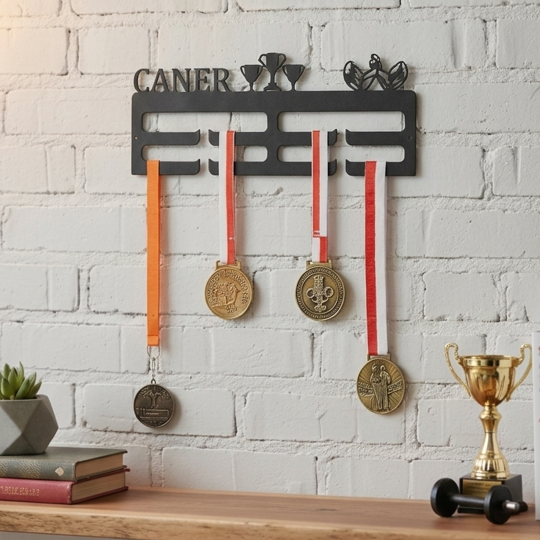 Bilek güreşi sporcuları için tasarlanmış, kişiye özel isim yazılabilen metal madalya askılığı